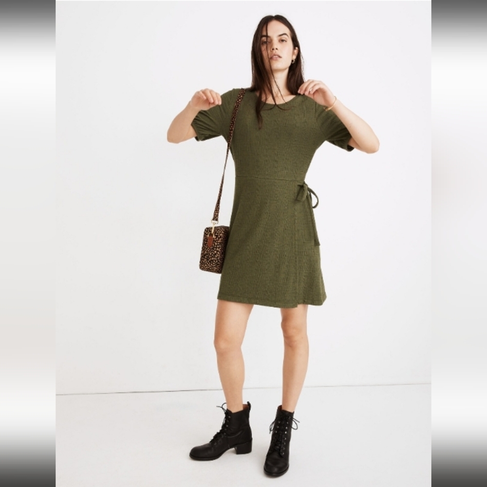 Madewell Crosshatch Puff-Sleeve Faux-Wrap Mini Dress